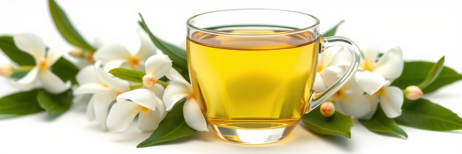 Refreshing herbal tea in a clear cup surrounded by fragrant blossoms and green leaves